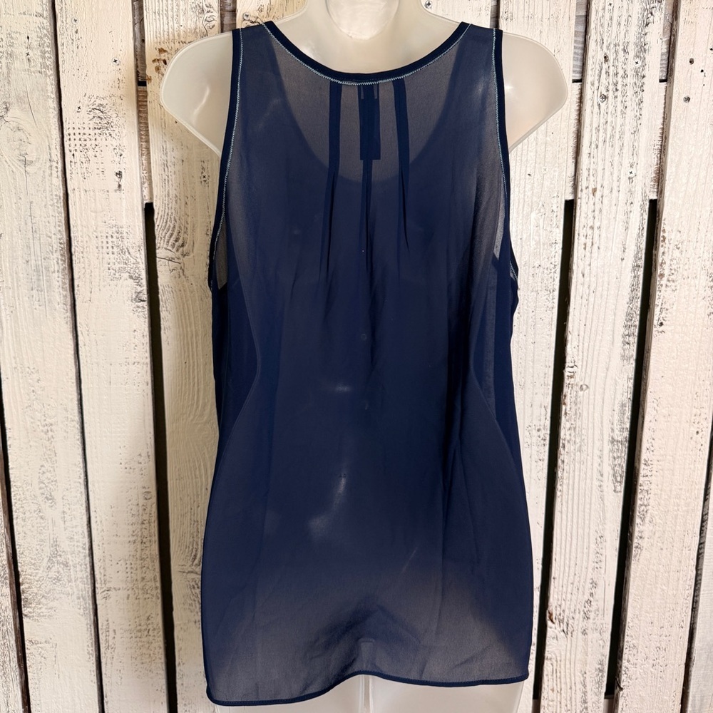 Blue‎ Rain Sheer Top Size Large Sleeveless Embroidered Chevron Navy Blue Teal - Picture 6 of 10